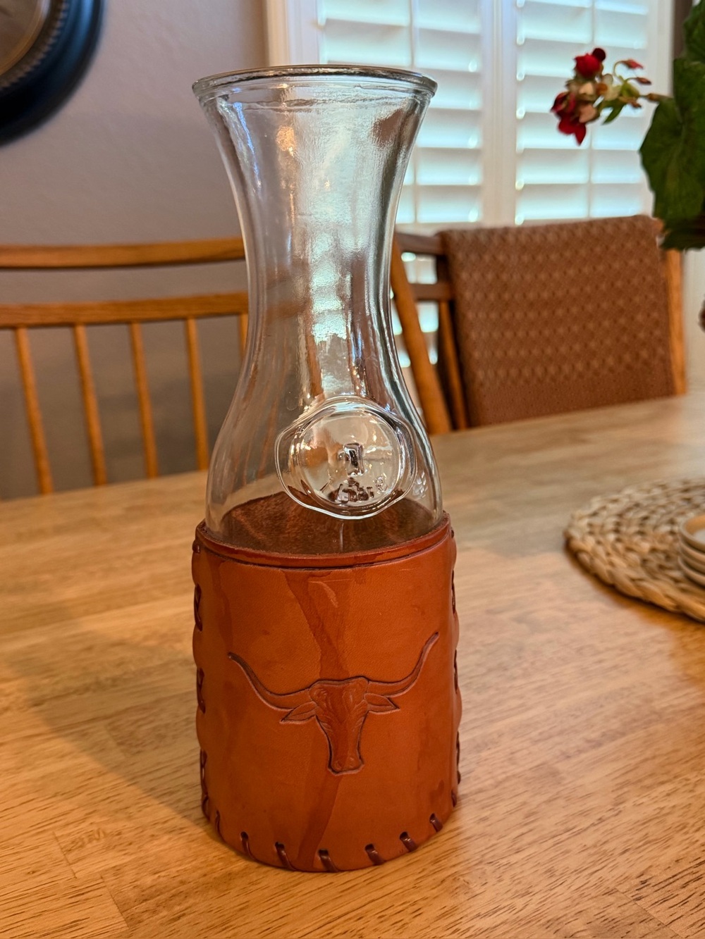 Glass Carafe with Tan Leather Sleeve and Longhorn Embossing